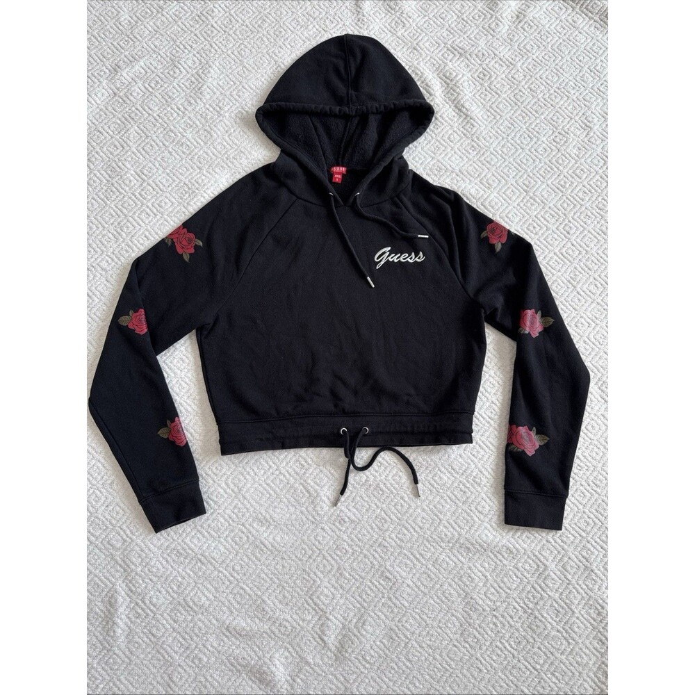 Guess Womens Jacket Sweatshirt Hoodie Black Long Sleeve Roses Short length Sz S